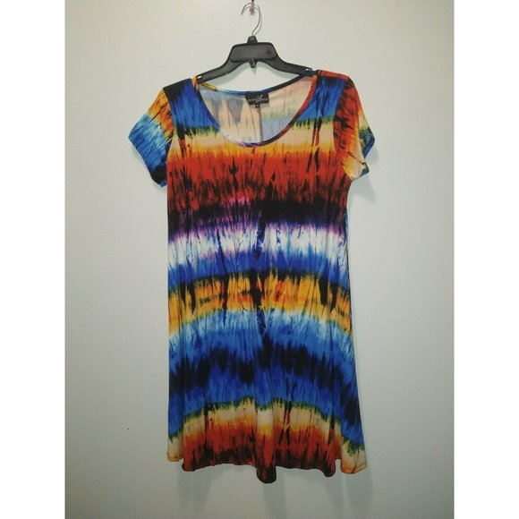 Bright color tie dye tunic dress, round neck Plus size 1X - Picture 2 of 7